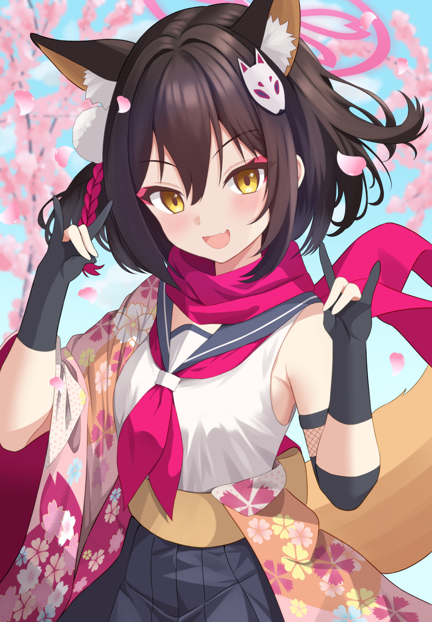 1girl animal_ear_fluff animal_ears black_gloves black_hair black_sailor_collar black_skirt blue_archive blush cherry_blossoms double_fox_shadow_puppet eyeshadow fang fox_ears fox_shadow_puppet gloves halo highres izuna_(blue_archive) looking_at_viewer makeup necktie open_mouth partially_fingerless_gloves petals pink_eyeshadow pink_halo pleated_skirt raimu_(clanberry000) red_necktie red_scarf sailor_collar scarf short_hair skin_fang skirt smile solo yellow_eyes