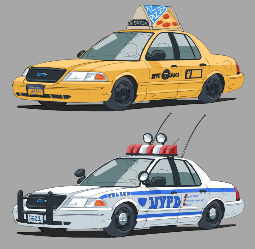 absurdres car ford ford_crown_victoria grey_background highres license_plate motor_vehicle new_york_city_police_department no_humans original police_car radio_antenna shadow variations vee_(427deer) vehicle_focus