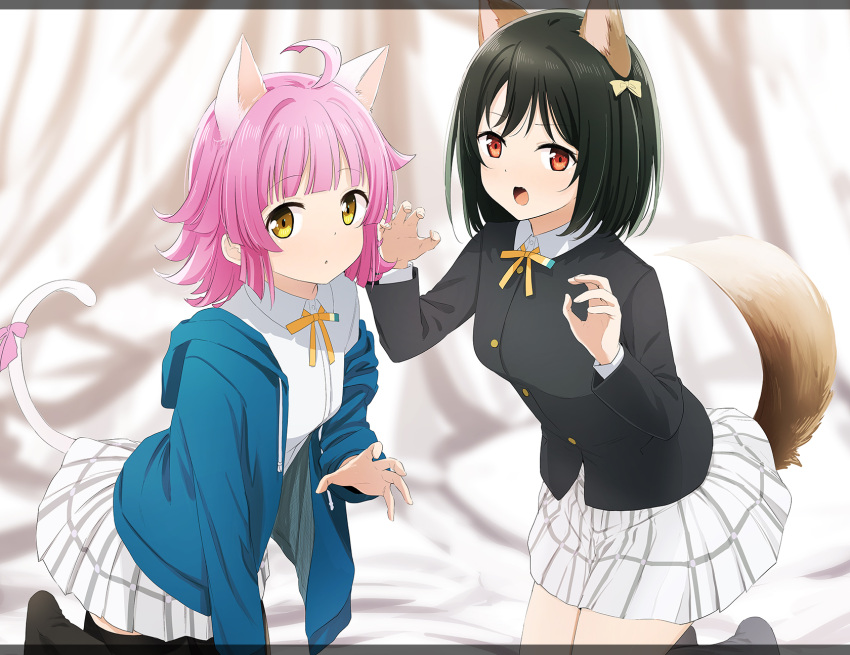 2girls abe_kanari ahoge animal_ears black_jacket black_thighhighs blue_jacket blunt_bangs breasts cat_ears cat_tail claw_pose collared_shirt commentary_request dog_ears dog_tail extra_ears fang green_hair grey_socks hair_ribbon highres jacket kneeling long_sleeves looking_at_viewer love_live! love_live!_nijigasaki_high_school_idol_club medium_breasts mifune_shioriko multiple_girls neck_ribbon nijigasaki_academy_school_uniform open_clothes open_jacket open_mouth parted_lips pink_hair plaid plaid_skirt pleated_skirt red_eyes ribbon school_uniform shirt short_hair sidelocks skirt socks tail tennoji_rina thigh-highs upper_body white_shirt white_skirt winter_uniform yellow_eyes yellow_ribbon