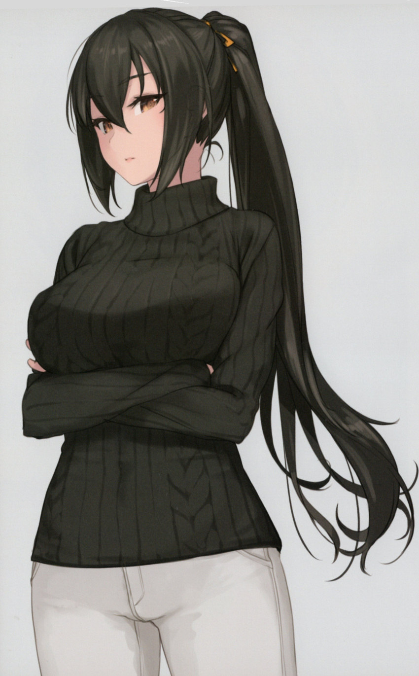 1girl absurdres alternate_costume alternate_hairstyle black_hair black_sweater breasts brown_eyes cowboy_shot crossed_arms highres kantai_collection large_breasts long_hair nagato_(kancolle) non-web_source pants ponytail ribbed_sweater rokuwata_tomoe scan simple_background solo sweater turtleneck turtleneck_sweater white_background white_pants