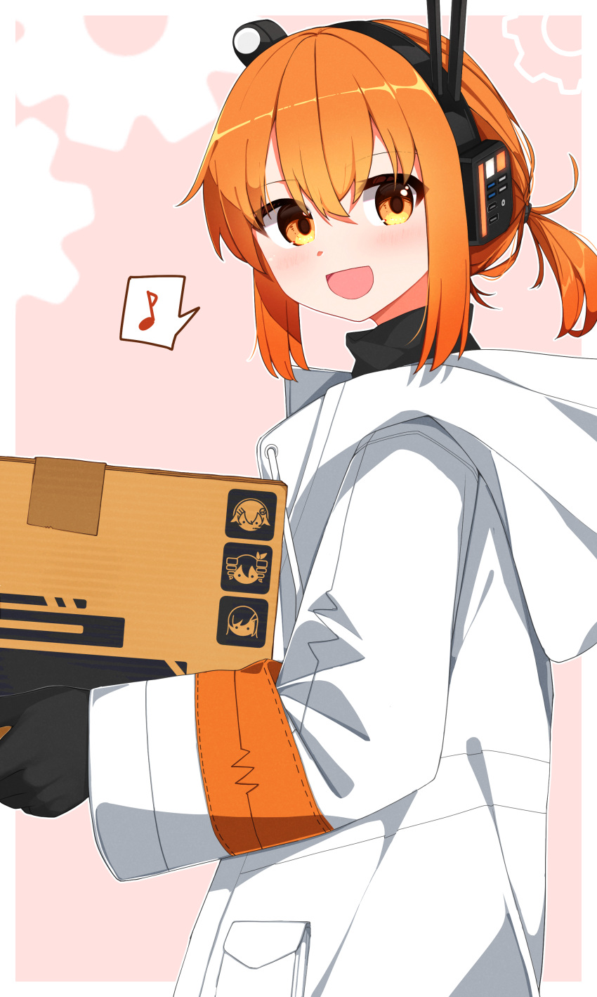 1girl a.i._voice absurdres adachi_rei alternate_hairstyle black_gloves border box cardboard_box cevio character_request check_character fee_(cevio) from_side futaba_minato gears gloves headlamp headphones highres holding holding_box hood hood_down hooded_jacket jacket kasane_teto kasane_teto_(sv) long_sleeves looking_at_viewer looking_to_the_side mikami_jun_(haaryan) musical_note one_side_up open_mouth orange_eyes orange_hair outside_border pink_background radio_antenna sidelocks smile solo spoken_musical_note standing synthesizer_v turtleneck upper_body utau white_border white_jacket
