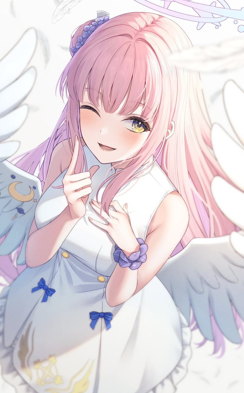 1girl absurdres angel_wings blue_archive blush breasts crescent crescent_pin dress feathered_wings fingerless_gloves flower gloves hair_bun hair_flower hair_ornament halo highres large_breasts long_hair looking_at_viewer mika_(blue_archive) one_eye_closed open_mouth pink_hair pink_halo primamiya purple_flower purple_scrunchie scrunchie single_side_bun smile solo white_dress white_wings wings wrist_scrunchie yellow_eyes