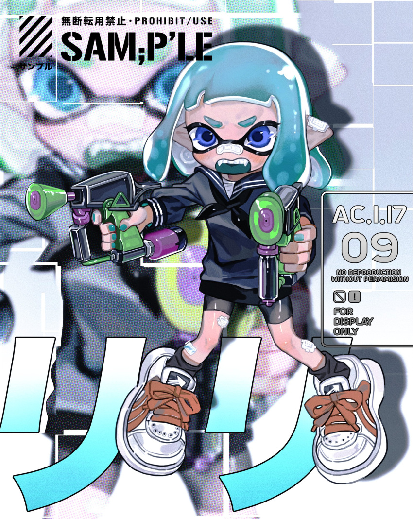 1girl absurdres angry ankle_socks bandaid bandaid_on_face bandaid_on_leg black_neckerchief black_shorts black_skirt black_socks blue_eyes blue_hair blue_nails blue_sailor_collar blue_shirt blush commentary dual_wielding fangs full_body gauze highres holding holding_weapon inkling inkling_girl inkling_player_character medium_hair miniskirt neckerchief open_mouth pointy_ears riiverr sailor_collar sample_watermark school_uniform serafuku shirt shorts shorts_under_skirt skirt socks solo splat_dualies_(splatoon) splatoon_(series) splatoon_2 symbol-only_commentary teeth tentacle_hair upper_teeth_only watermark weapon white_footwear zoom_layer