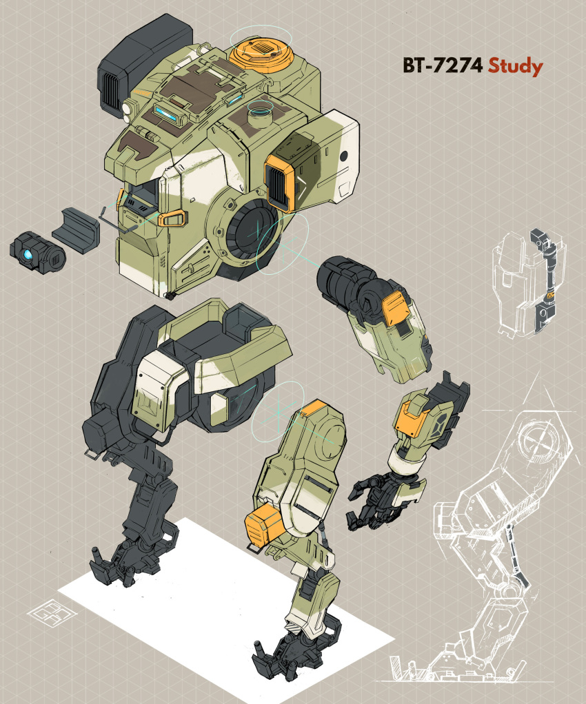 blue_eyes bt-7274 character_name chickendrawsdogs english_commentary exploded_diagram highres mecha mecha_focus no_humans one-eyed open_hand robot science_fiction solo titanfall_(series) titanfall_2