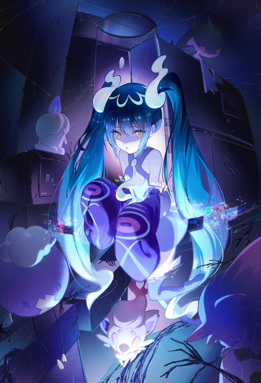 1girl :o absurdres bare_shoulders black_shorts black_thighhighs blue_hair blue_shirt character_request detached_arm detached_sleeves drifloon english_commentary floating full_body ghost_miku_(project_voltage) glitch gradient_hair hatsune_miku highres litwick long_hair multicolored_hair necktie open_mouth pale_skin pokemon pokemon_(creature) project_voltage see-through see-through_skirt shaded_face shirt shorts skirt sleeveless sleeveless_shirt sleeves_past_fingers sleeves_past_wrists solo thigh-highs twintails very_long_hair vocaloid white_hair white_necktie yellow_eyes zutto_(dfvn7377)