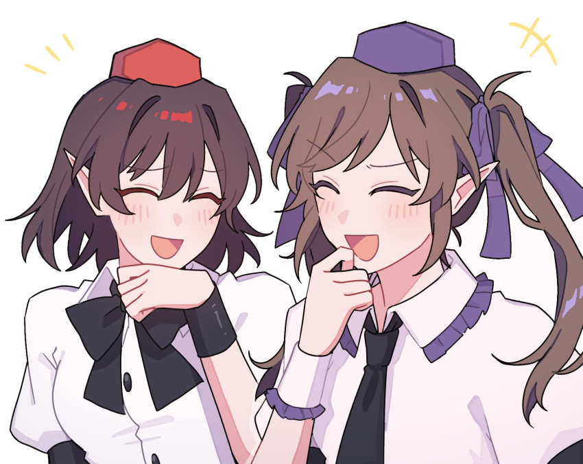 +++ 2girls :d ^_^ black_bow black_bowtie black_necktie bow bowtie brown_hair closed_eyes collared_shirt commentary_request frilled_shirt_collar frills hand_up hat highres himekaidou_hatate laughing long_hair multiple_girls necktie open_mouth pointy_ears puffy_short_sleeves puffy_sleeves purple_headwear red_headwear sakic43899 shameimaru_aya shirt short_sleeves simple_background smile tokin_hat touhou twintails upper_body white_background white_shirt wristband