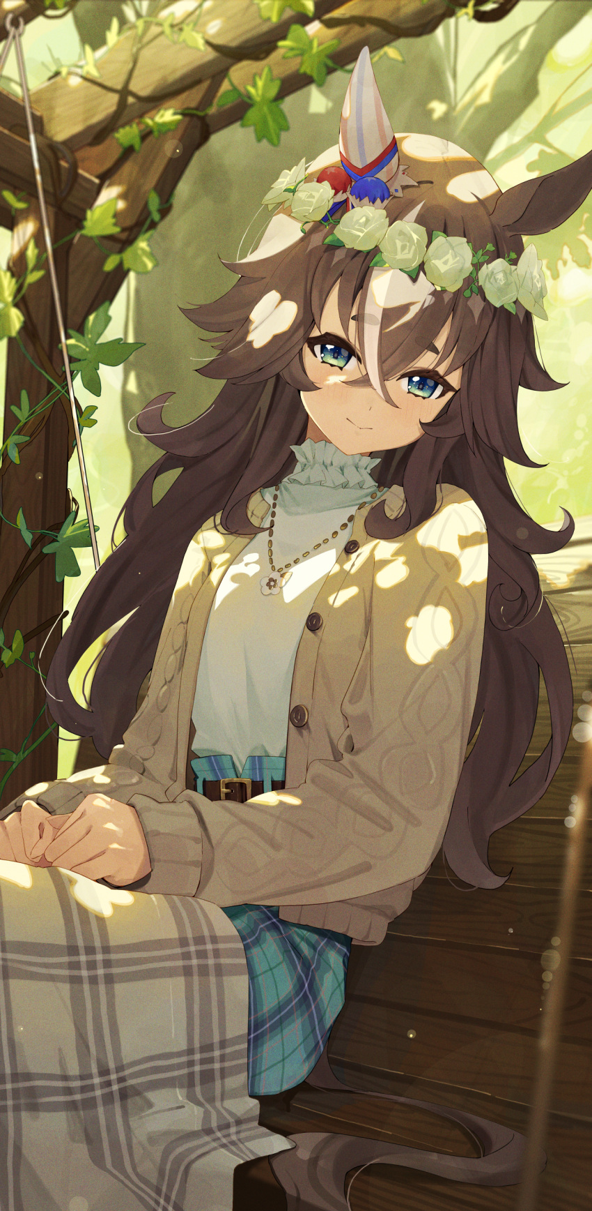 1girl absurdres animal_ears belt blue_eyes brown_belt brown_cardigan brown_hair cardigan commentary_request ear_covers flower garland_(decoration) grey_hair hair_between_eyes highres horse_ears horse_girl horse_tail jewelry long_hair long_sleeves multicolored_hair necklace ningen_gokko on_bench open_cardigan open_clothes outdoors plaid plaid_skirt shirt single_ear_cover sitting skirt smile solo streaked_hair tail tree umamusume white_hair white_shirt wonder_acute_(umamusume) wooden_bench