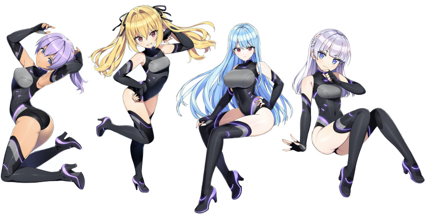 4girls absurdres ass black_one-piece_swimsuit blonde_hair blue_hair braid breasts dark_skin dolphin_wave full_body gloves grey_hair hand_on_own_hip highres kazami_ellen large_breasts medium_breasts multiple_girls nayuki_hiori official_art one-piece_swimsuit ponytail purple_hair red_eyes schnee_weissberg simple_background small_breasts souma_hayate swimsuit tan teeth thigh-highs thighs third-party_edit twintails