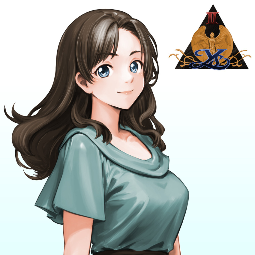 1girl ancient_ys_vanished blue_eyes breasts brown_hair closed_mouth copyright_name highres lilia_(ys) logo long_hair looking_at_viewer medium_breasts minamoto80486 ringed_eyes short_sleeves simple_background smile solo upper_body white_background ys