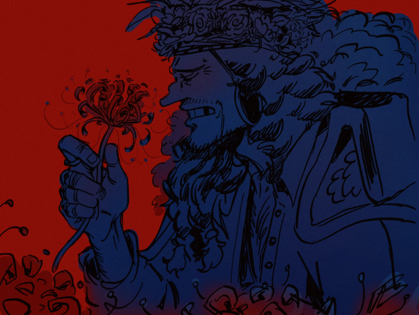 1boy beard black_hair braid braided_beard bryach2 closed_eyes epaulettes facial_hair flower flower_wreath highres holding holding_flower limited_palette long_beard long_hair male_focus marshall_d._teach missing_tooth mustache one_piece red_background red_flower sketch spider_lily upper_body