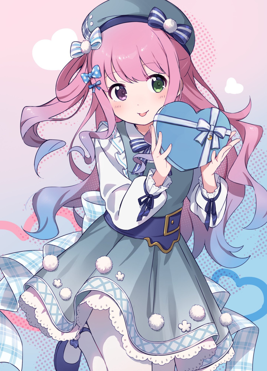 1girl :p back_bow belt blue_belt blue_bow blue_dress blue_footwear blue_hair blue_headwear blue_ribbon blush bow bowtie box crescent dress frills gradient_dress gradient_hair green_eyes hair_bow hat heart-shaped_box heterochromia highres himemori_luna hololive knokzm long_sleeves mary_janes multicolored_hair pantyhose pink_hair plaid plaid_bow ribbon shoes striped_bow tongue tongue_out violet_eyes virtual_youtuber white_pantyhose white_ribbon