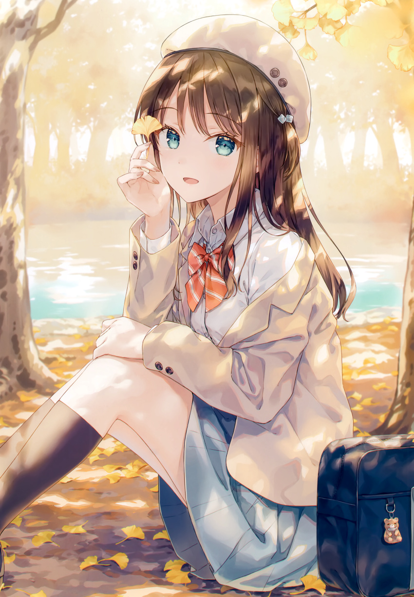 1girl absurdres autumn autumn_leaves beret black_bag black_socks blazer blue_eyes blue_skirt brown_hair collared_shirt feet_out_of_frame hair_between_eyes hat head_rest highres hiten_(hitenkei) holding holding_leaf jacket knees_up leaf long_hair long_sleeves looking_at_viewer non-web_source off_shoulder one_side_up open_clothes open_jacket open_mouth original outdoors river scan shirt sitting skirt smile socks solo tree white_headwear white_jacket white_shirt