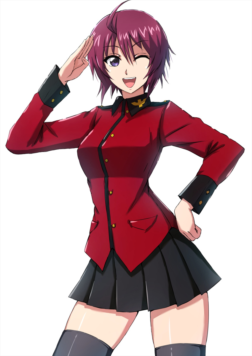 1girl ahoge black_jacket black_skirt black_thighhighs buttoned_cuffs buttons collared_jacket commentary cowboy_shot girls_und_panzer gundam gundam_seed gundam_seed_destiny hair_between_eyes hand_on_own_hip hands_on_own_hips highres jacket long_sleeves looking_at_viewer lunamaria_hawke military_uniform miniskirt multicolored_clothes multicolored_jacket omachi_(slabco) one_eye_closed open_mouth plaid plaid_skirt pleated_skirt red_jacket redhead salute short_hair simple_background skindentation skirt smile solo st._gloriana's_military_uniform standing thigh-highs two-tone_jacket uniform violet_eyes white_background zettai_ryouiki