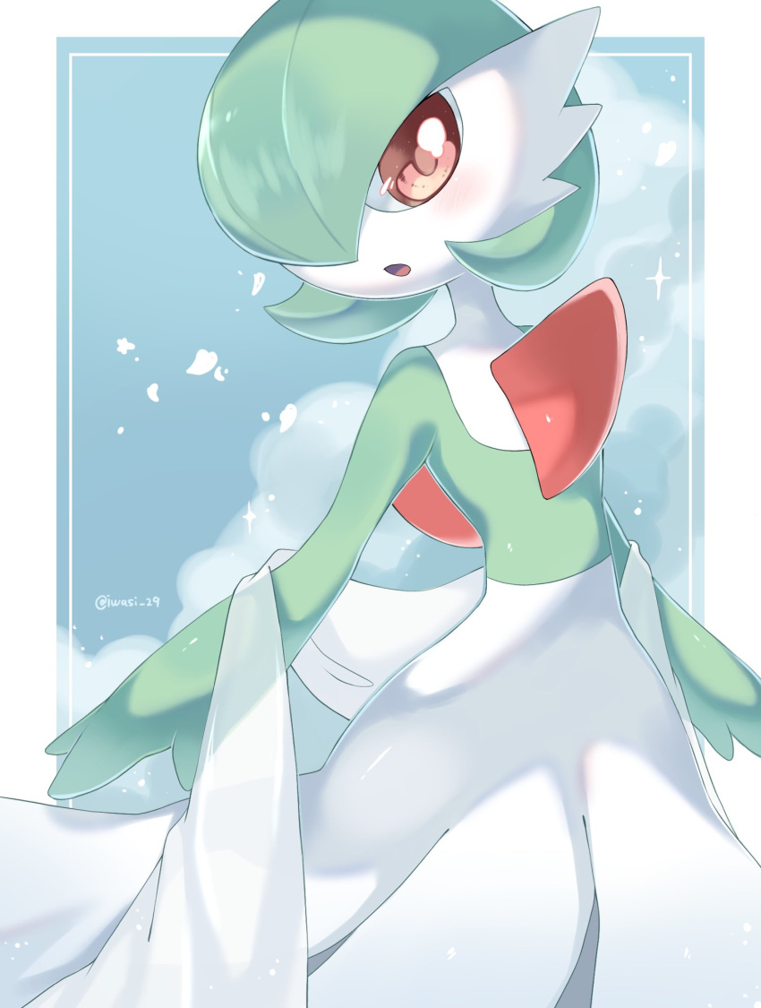 blue_sky border clouds colored_skin commentary_request falling_petals gardevoir gardevoir_day green_hair highres iwasi_29 looking_at_viewer open_mouth outside_border petals pokemon pokemon_(creature) red_eyes sky sparkle white_border white_skin