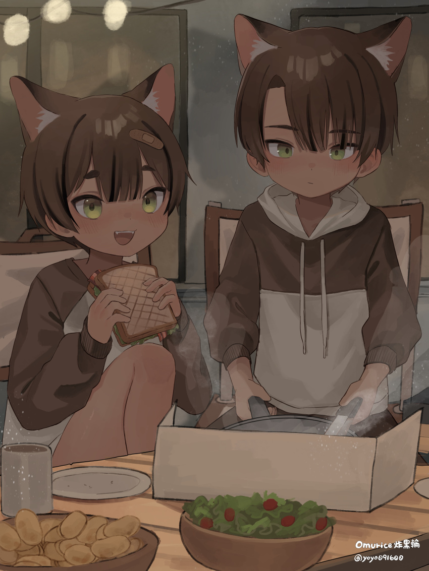 2boys :d absurdres animal_ear_fluff animal_ears artist_name bacon bandaid bandaid_hair_ornament blush bowl cat_boy cat_ears cherry_tomato child chips_(food) cooking cup drawstring food green_eyes hair_ornament highres holding holding_food holding_spatula hood hood_down hoodie lettuce looking_down male_focus mug multiple_boys omurice_(roza4957) original paid_reward_available plate potato_chips salad sandwich short_hair sitting skillet smile spatula steam table tomato twitter_username