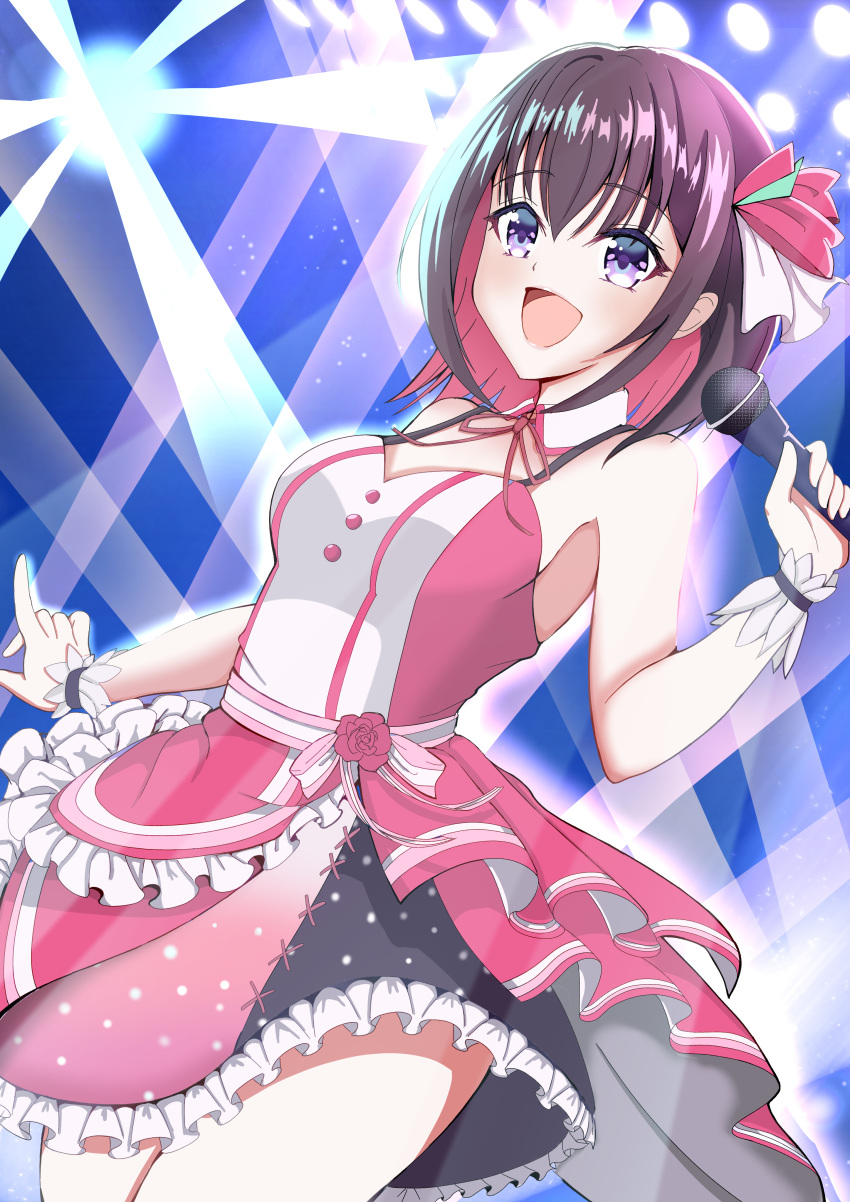 1girl :d absurdres azki_(3rd_costume)_(hololive) azki_(hololive) bare_shoulders bow brown_hair colored_inner_hair detached_collar dress flower frilled_dress frills hair_between_eyes hair_ribbon highres holding holding_microphone hololive index_finger_raised layered_dress light_rays looking_to_the_side medium_hair microphone multicolored_hair neck_ribbon official_alternate_costume open_mouth outstretched_arm overskirt pink_dress pink_flower pink_hair pink_ribbon pink_rose pink_sash pink_skirt ribbon ritsuki_kotowa rose sash sidelocks skirt sleeveless sleeveless_dress smile spaghetti_strap stage stage_lights two-tone_hair violet_eyes virtual_youtuber waist_bow wrist_cuffs