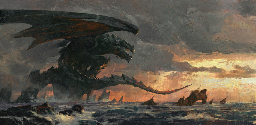 animal_focus clouds cloudy_sky commentary dragon english_commentary fantasy from_side greg_rutkowski highres horizon monster no_humans ocean open_mouth orange_sky original outdoors painterly realistic rock scenery sky sunset tail water western_dragon wings