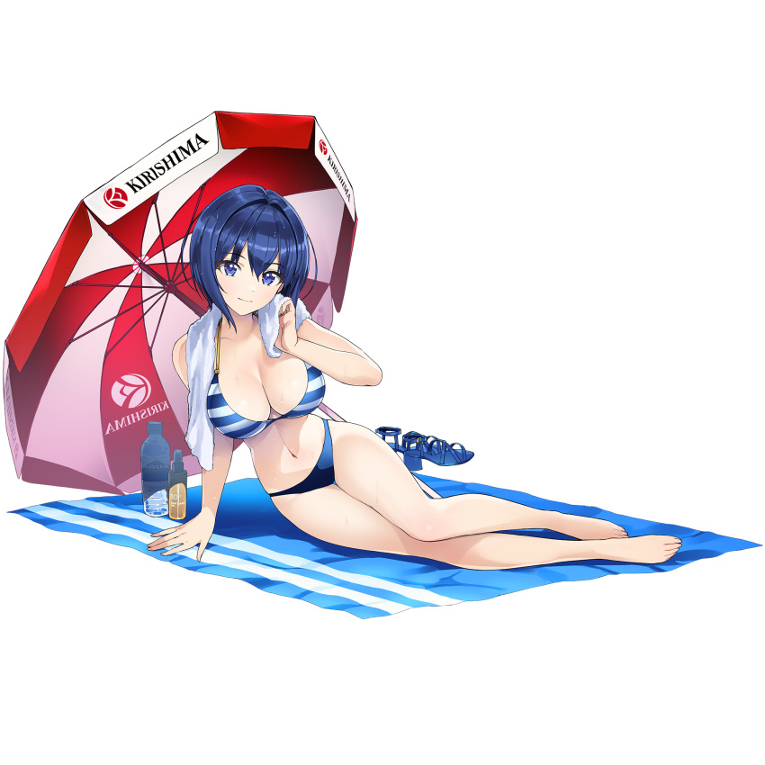 beach_towel bikini cleavage dolphin_wave large_breasts laying_down legs legs_together official_art parasol thighs tojou_michiru