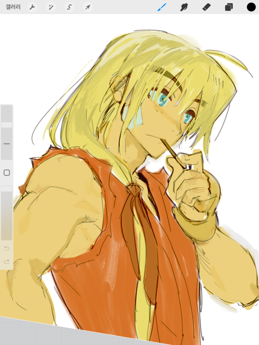 1boy aged_down art_program_in_frame athanjccgg bandaid blonde_hair blush dougi eating eyelashes food food_in_mouth forked_eyebrows hair_over_shoulder highres huge_eyebrows ken_masters long_hair male_focus pocky pocky_in_mouth solo street_fighter unfinished upper_body very_long_hair