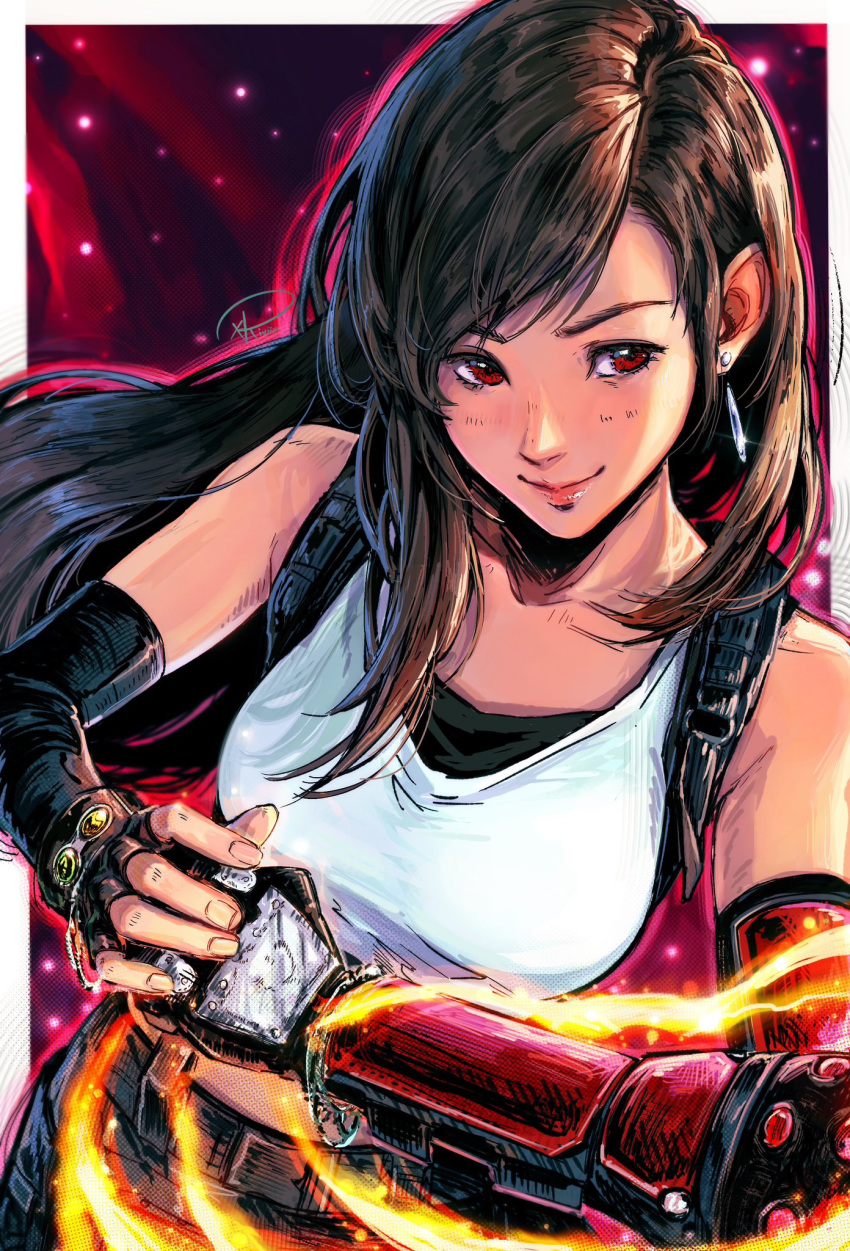 1girl bare_shoulders black_gloves black_hair blush closed_mouth commentary earrings english_commentary final_fantasy final_fantasy_vii final_fantasy_vii_remake fingerless_gloves fingernails floating_hair gauntlets gloves highres jewelry lips long_hair looking_at_viewer pink_lips red_eyes solo tank_top tifa_lockhart white_tank_top xriviia