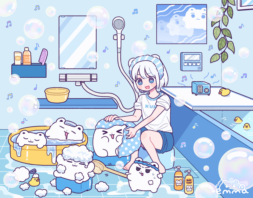 &gt;_&lt; 1girl :3 :d animal_ears bath_brush bathroom bathtub bear bear_ears blue_eyes blue_pants blush_stickers bright_pupils chibi clothes_writing drooling drying emma_(kumaema) full_body grey_shirt highres leaf lineart mirror mouth_drool musical_note original pants radio rubber_duck shirt short_hair short_sleeves sitting sleeves_rolled_up smile soap_bubbles solo sweatdrop tile_floor tiles white_shirt