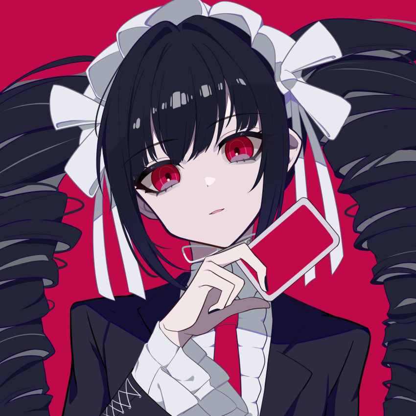 1girl absurdres black_hair black_jacket black_nails card celestia_ludenberg center_frills danganronpa:_trigger_happy_havoc danganronpa_(series) drill_hair frills hand_up headdress highres holding holding_card jacket jiabingkele long_hair nail_polish necktie open_clothes open_jacket parted_lips red_background red_eyes red_necktie simple_background smile solo teeth twin_drills twintails upper_body