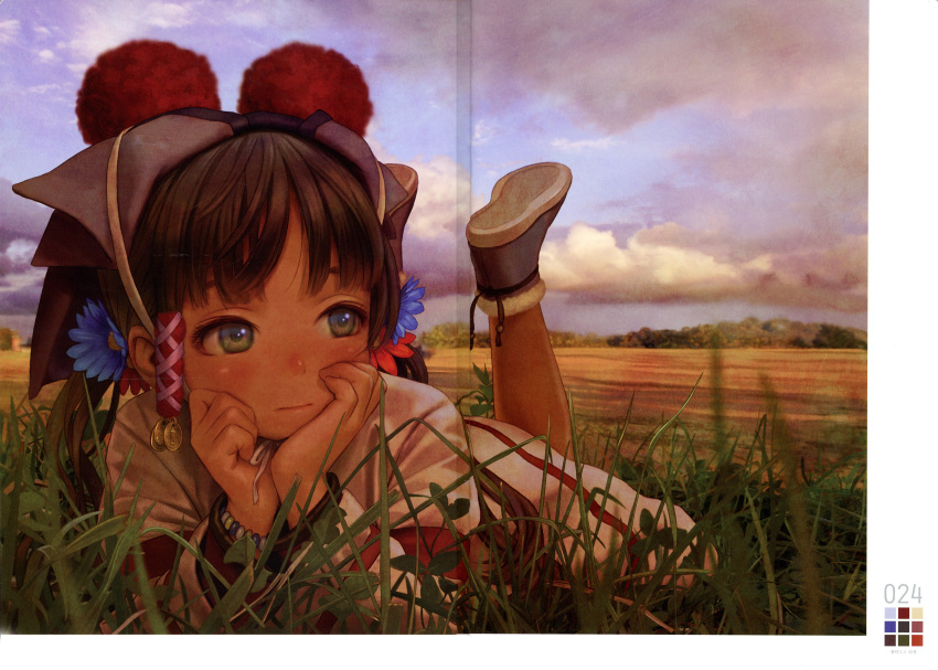 1girl absurdres black_hair blue_flower blush boots brown_hair closed_mouth clouds color_guide feet_up field flower grass green_eyes hair_flower hair_ornament hands_on_own_face head_rest highres long_hair lying murata_range non-web_source on_stomach original outdoors pantyhose pom_pom_(clothes) scan shirt shoe_soles sky solo