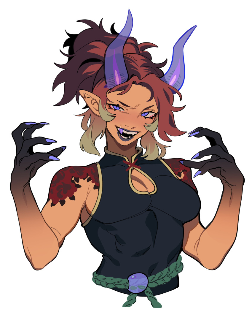1girl absurdres bare_arms black_hands black_lips blush breasts colored_extremities demon_horns fangs green_hair green_rope hair_up high_collar highres horns looking_at_viewer multicolored_hair open_mouth original pointy_ears porqueloin purple_nails redhead rope rope_belt scar scar_on_face scar_on_mouth sharp_teeth shirt shoulder_tattoo simple_background sleeveless sleeveless_shirt slit_pupils small_breasts solo tattoo teeth translucent_horns upper_body violet_eyes white_background
