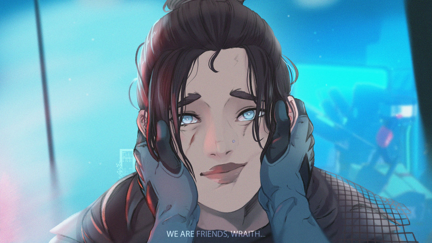 1girl apex_legends apex_legends:_pathfinder's_quest black_hair blue_eyes blue_gloves bright_pupils cuts english_commentary english_text female_pov gloves hair_behind_ear hair_bun highres ifragmentix injury looking_at_viewer nose_piercing parted_bangs piercing portrait pov single_hair_bun smile solo_focus subtitled wattson_(apex_legends) white_pupils wraith_(apex_legends)