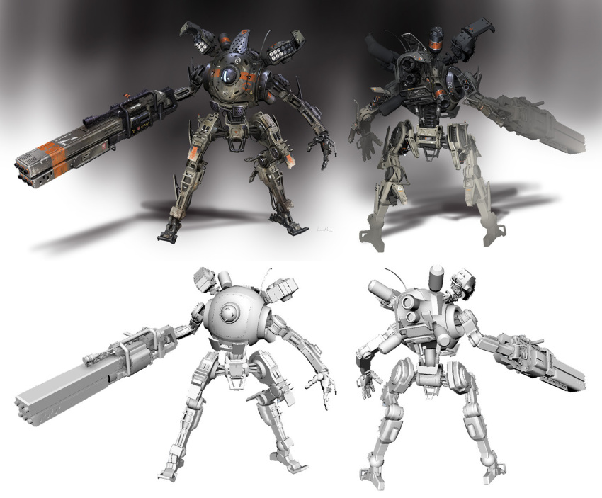 3d english_commentary gun hethe_srodawa highres holding holding_gun holding_weapon looking_to_the_side mecha missile_pod mixed_media multiple_views northstar_(titanfall) official_art pr-01_plasma_railgun production_art reference_inset robot science_fiction shadow titan_(titanfall) titanfall_(series) titanfall_2 weapon