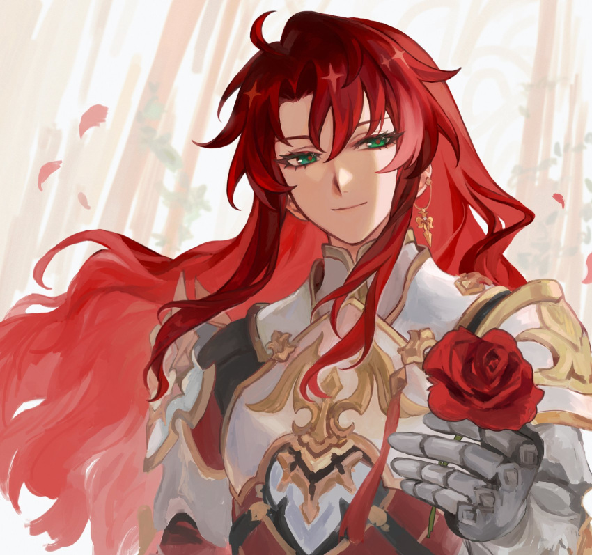 1boy argenti_(honkai:_star_rail) armor closed_mouth flower green_eyes highres holding holding_flower honkai:_star_rail honkai_(series) long_hair looking_at_viewer male_focus mizuhashisuika red_flower red_rose redhead rose shoulder_armor solo