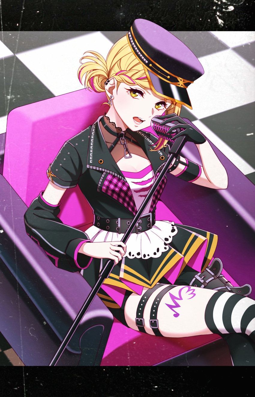 1girl absurdres arm_strap arm_warmers asymmetrical_legwear asymmetrical_sleeves belt black_belt black_gloves black_headwear black_jacket black_skirt blonde_hair collarbone ear_piercing earrings gloves hair_bun hat highres holding holding_microphone jacket jewelry looking_at_viewer love_live! love_live!_sunshine!! microphone microphone_stand multicolored_hair nyasa ohara_mari on_chair open_clothes open_jacket open_mouth peaked_cap piercing pink_hair pink_shirt pleated_skirt shirt short_sleeves single_arm_warmer single_glove sitting skirt solo streaked_hair thigh_strap upper_body yellow_eyes