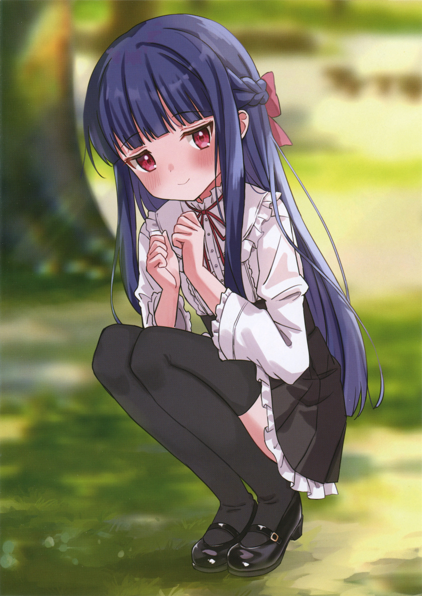 1girl absurdres black_footwear black_skirt black_thighhighs blue_hair blunt_bangs blurry blurry_background blush bow braid closed_mouth dark_blue_hair day depth_of_field dot_nose eluthel frilled_skirt frills full_body hair_bow highres idolmaster idolmaster_cinderella_girls long_hair long_sleeves looking_at_viewer mary_janes neck_ribbon non-web_source outdoors pleated_skirt red_eyes red_ribbon ribbon sajo_yukimi scan shirt shoes sidelocks skirt smile solo squatting thigh-highs white_shirt