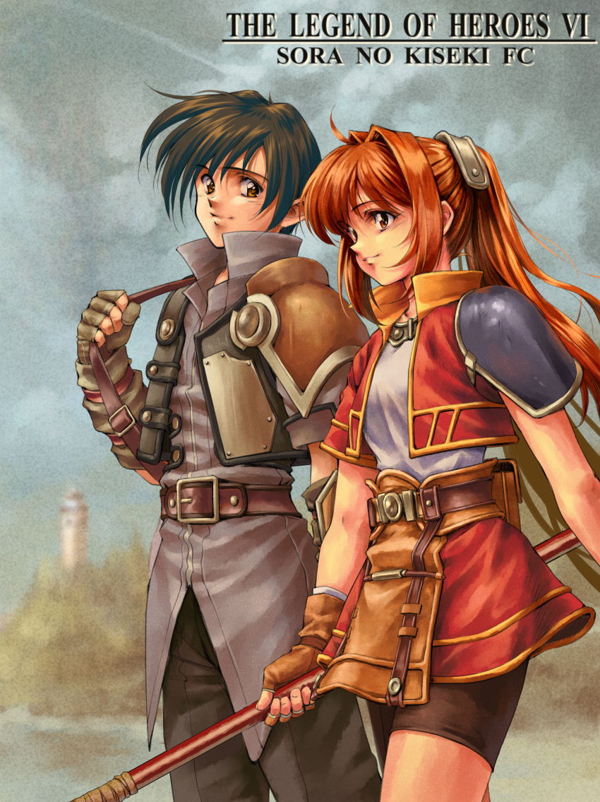 1boy 1girl absurdres ahoge antenna_hair armor black_gloves brown_gloves commentary_request cropped_jacket eiyuu_densetsu english_text estelle_bright fingerless_gloves gloves highres holding holding_staff holding_weapon joshua_bright long_hair longmei_er_de_tuzi outdoors pauldrons short_hair shorts shoulder_armor single_pauldron sora_no_kiseki staff twintails weapon