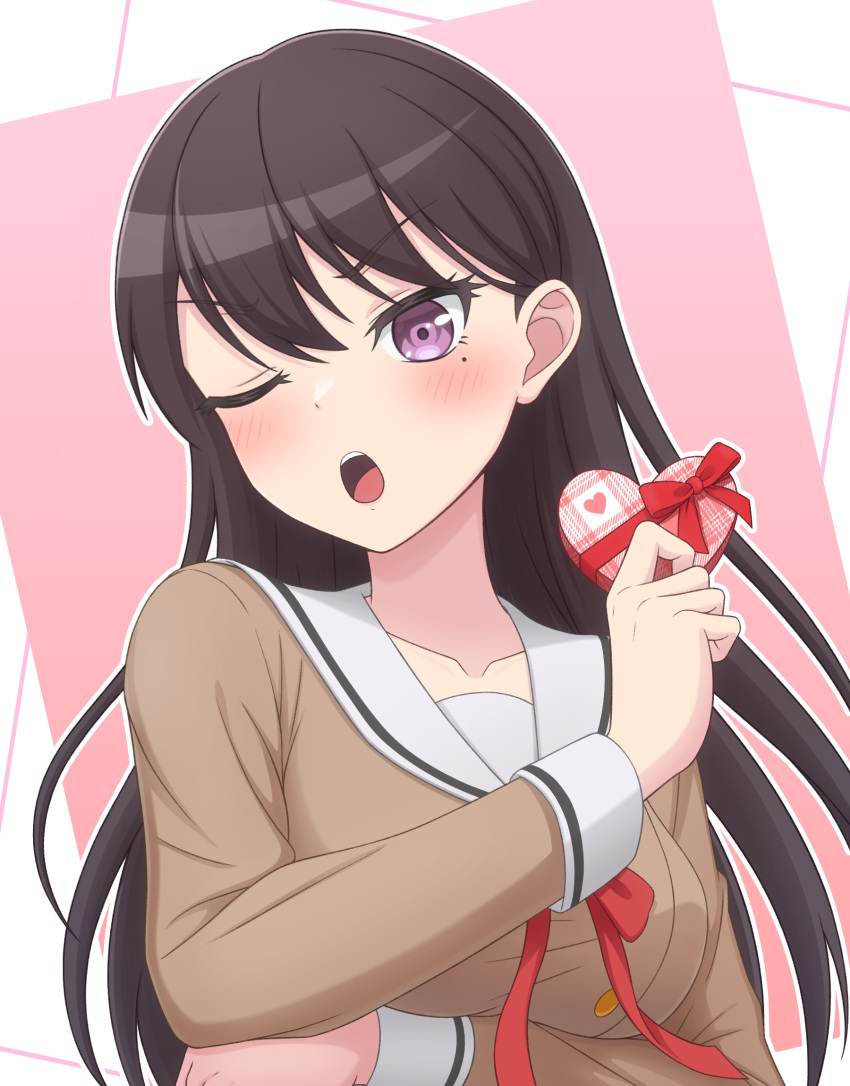 1girl bang_dream! bang_dream!_it's_mygo!!!!! black_hair breasts brown_dress collarbone commentary_request dress hanasakigawa_school_uniform highres long_hair long_sleeves looking_at_viewer medium_breasts mole mole_under_eye neck_ribbon one_eye_closed open_mouth outline red_ribbon ribbon sailor_collar sailor_dress school_uniform shiina_taki solo temple_o_dragon upper_body valentine violet_eyes white_outline white_sailor_collar