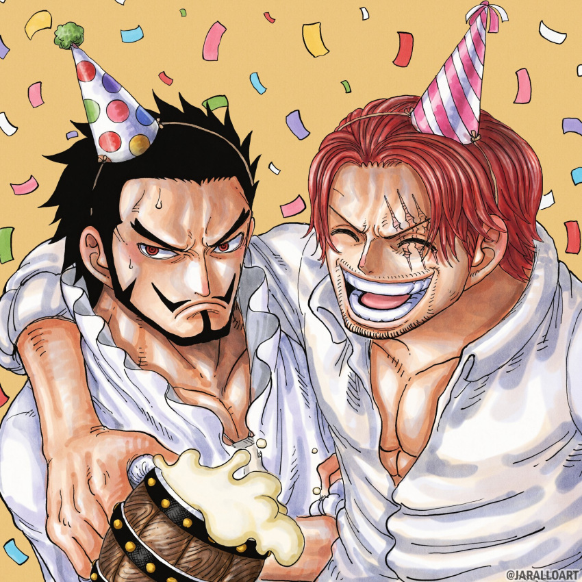 2boys beer_mug black_hair closed_eyes closed_mouth collar confetti crossed_arms cup dracule_mihawk facial_hair frilled_collar frills goatee hat highres holding holding_cup hug jaralloart looking_at_viewer male_focus mug multiple_boys muscular muscular_male mustache one_piece open_mouth orange_eyes party_hat redhead scar scar_across_eye shanks_(one_piece) shirt short_hair sideburns smile sweat teeth twitter_username white_shirt