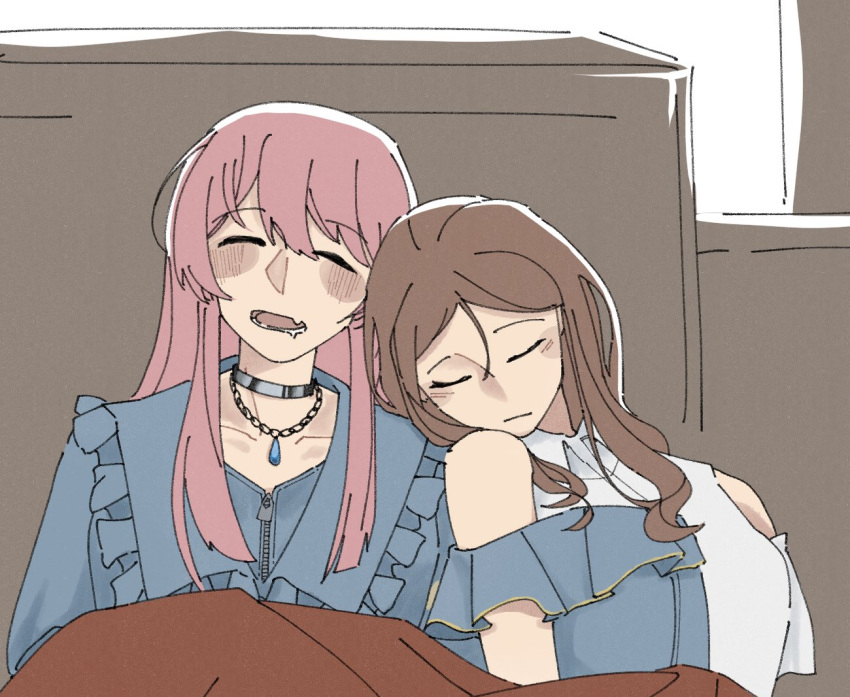 2girls bang_dream! bang_dream!_it's_mygo!!!!! black_choker blue_jacket brown_hair chihaya_anon choker closed_eyes closed_mouth clothing_cutout commentary drooling fang hair_between_eyes hashtag_only_commentary jacket jewelry kanaha_lazy long_hair lower_teeth_only multiple_girls nagasaki_soyo necklace open_mouth pink_hair shoulder_cutout skin_fang sleeping sleeping_on_person teeth zipper zipper_pull_tab