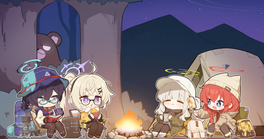 4girls :&lt; animal backpack bag baseball_cap bear black_hair blue_archive blue_eyes bush campfire chihiro_(blue_archive) chihiro_(camp)_(blue_archive) closed_eyes commentary crossed_bangs cup earmuffs fire food glasses grey_hair hair_between_eyes hair_ornament hairclip halo hare_(blue_archive) hare_(camp)_(blue_archive) hat highres holding holding_cup holding_food kotama_(blue_archive) kotama_(camp)_(blue_archive) long_hair long_sleeves maki_(blue_archive) maki_(camp)_(blue_archive) marshmallow multiple_girls nemoga night official_alternate_costume open_mouth outdoors parted_lips ponytail redhead roasted_marshmallow roasted_sweet_potato scarf sidelocks star_(sky) sweet_potato symbol-only_commentary tent tree violet_eyes