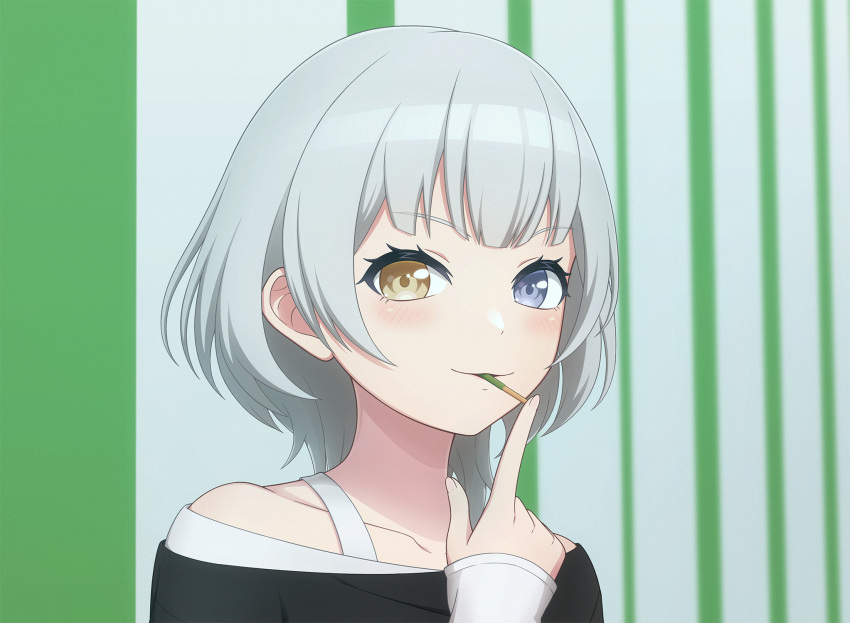 1girl bang_dream! bang_dream!_it's_mygo!!!!! bare_shoulders black_shirt blue_eyes blush closed_mouth collarbone commentary_request food food_in_mouth green_background heterochromia highres kaname_raana long_sleeves looking_at_viewer matcha_(food) off_shoulder partial_commentary pocky pocky_day pocky_in_mouth shirt sleeves_past_wrists solo temple_o_dragon upper_body white_hair white_shirt wolf_cut yellow_eyes