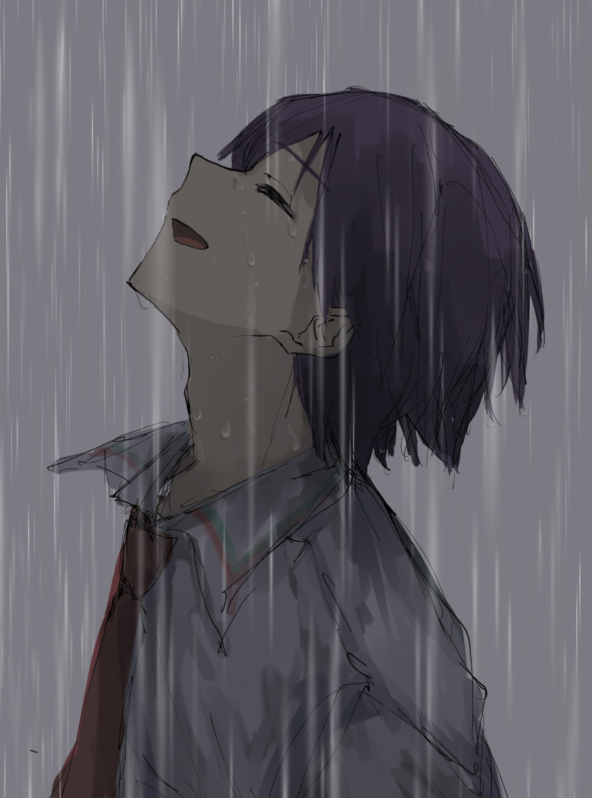 1boy :d black_hair closed_eyes collared_shirt day facing_up from_side grey_shirt grey_sky highres kenmochi_touya male_focus necktie nijisanji nmo_from_there open_mouth outdoors overcast portrait rain red_necktie school_uniform shirt short_hair sidelocks sky smile solo virtual_youtuber