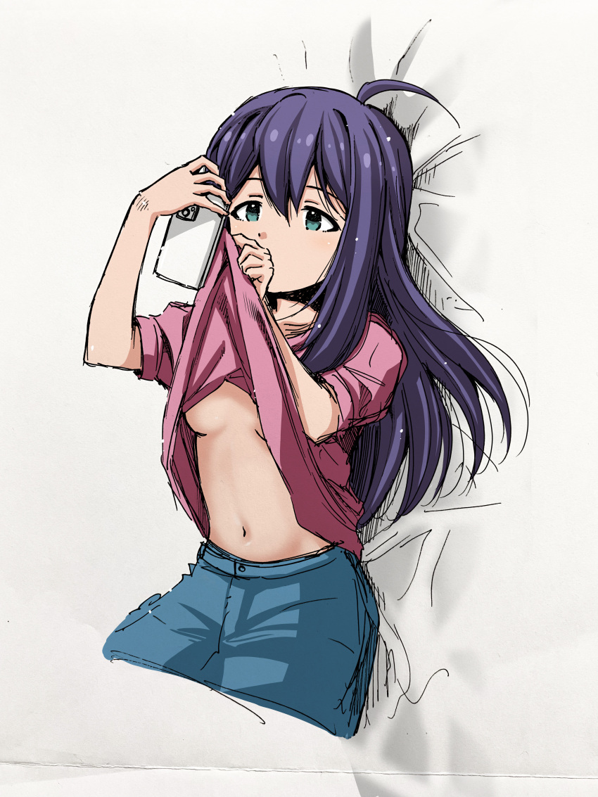 1girl absurdres ahoge bed bed_sheet blush breasts cellphone clothes_lift cowboy_shot dot_nose hair_between_eyes highres holding holding_phone idolmaster idolmaster_million_live! idolmaster_million_live!_theater_days lifted_by_self long_hair looking_at_object lying matcha_kingyo mochizuki_anna navel no_bra on_back on_bed parted_bangs phone shirt_grab shirt_lift short_sleeves sidelocks skirt smartphone solo under_boob wiping