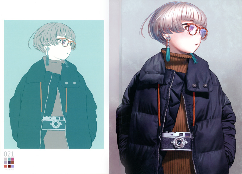 1girl absurdres black_coat blunt_bangs brown_sweater camera camera_around_neck coat color_guide earrings glasses grey_hair hands_in_pockets highres holding holding_camera jewelry limited_palette long_sleeves looking_to_the_side murata_range non-web_source open_clothes original page_number parted_lips reference_inset ribbed_sweater scan short_hair sketch_inset solo sweater tassel tassel_earrings turtleneck upper_body violet_eyes