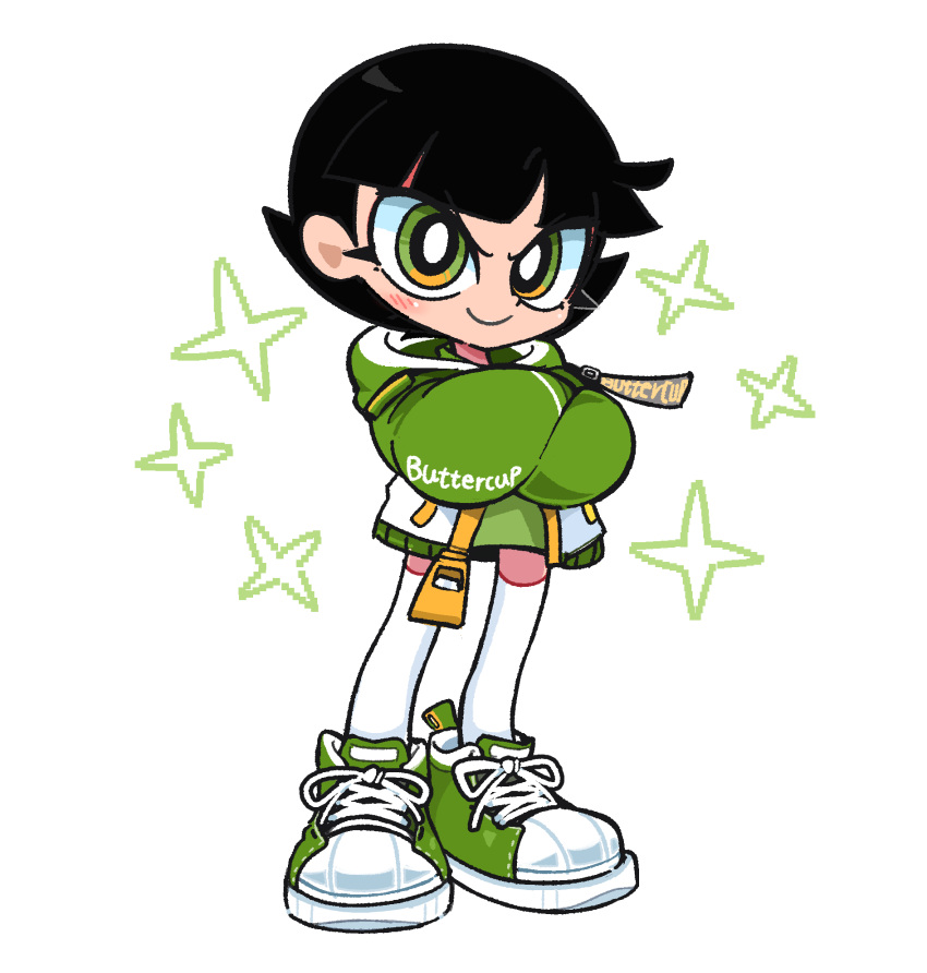 &gt;:) 1girl black_hair blunt_bangs blush buttercup_(ppg) character_name commentary dress english_commentary green_dress green_eyes green_footwear green_hoodie highres hood hoodie kim_crab looking_at_viewer powerpuff_girls shoes short_bangs short_dress short_hair simple_background smile sneakers solo sparkle standing thigh-highs v-shaped_eyebrows very_big_eyes white_background white_thighhighs zettai_ryouiki