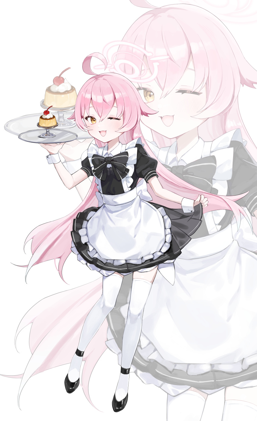 1girl absurdres ahoge apron black_dress black_footwear blue_archive blush commentary dress food frilled_apron frills hair_between_eyes halo highres holding holding_tray hoshino_(blue_archive) long_hair looking_at_viewer nez_(nez_0_0) one_eye_closed open_mouth pink_hair pink_halo pudding puffy_short_sleeves puffy_sleeves shoes short_sleeves simple_background smile solo thigh-highs tray white_apron white_background white_thighhighs wrist_cuffs yellow_eyes zoom_layer