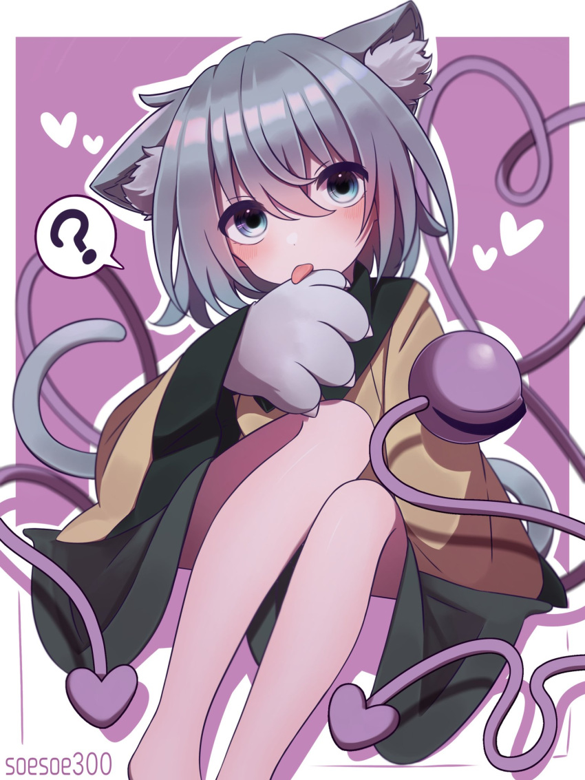 1girl animal_ears animal_hands black_headwear blouse bow cat_day cat_ears cat_paws cat_tail eyeball frilled_shirt_collar frilled_sleeves frills full_body green_skirt hat hat_bow hat_ribbon heart heart_of_string highres komeiji_koishi ribbon shirt skirt soesoe300 solo speech_bubble tail tongue tongue_out touhou
