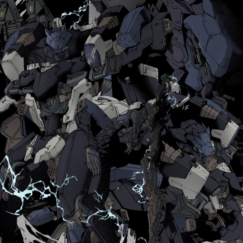 armored_core armored_core_6 black_background cowboy_shot electricity energy_blade extra_eyes green_eyes highres mecha mecha_focus mechanical_parts mznomono no_humans profile robot science_fiction shoulder_cannon simple_background steel_haze_ortus thrusters wrist_blades
