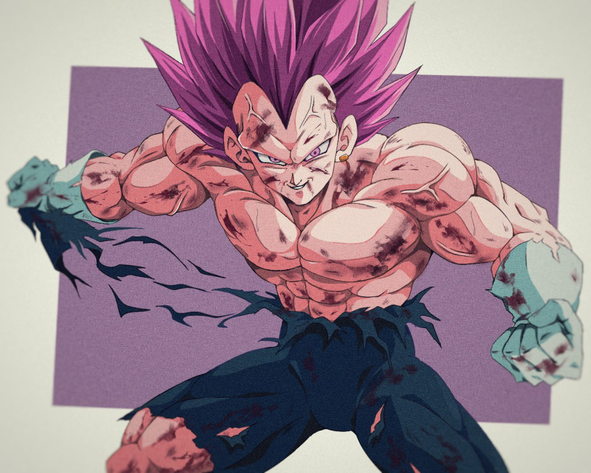 1boy abs blood blood_on_clothes blood_on_face blood_on_hands blue_bodysuit blurry blurry_background blurry_foreground bodysuit bure_(fantasticyouth7) cowboy_shot dragon_ball dragon_ball_super gloves injury looking_at_viewer medium_hair muscular muscular_male no_eyebrows purple_background purple_hair smirk solo spiky_hair topless torn_bodysuit torn_clothes ultra_ego_(dragon_ball) vegeta veins violet_eyes white_background white_gloves