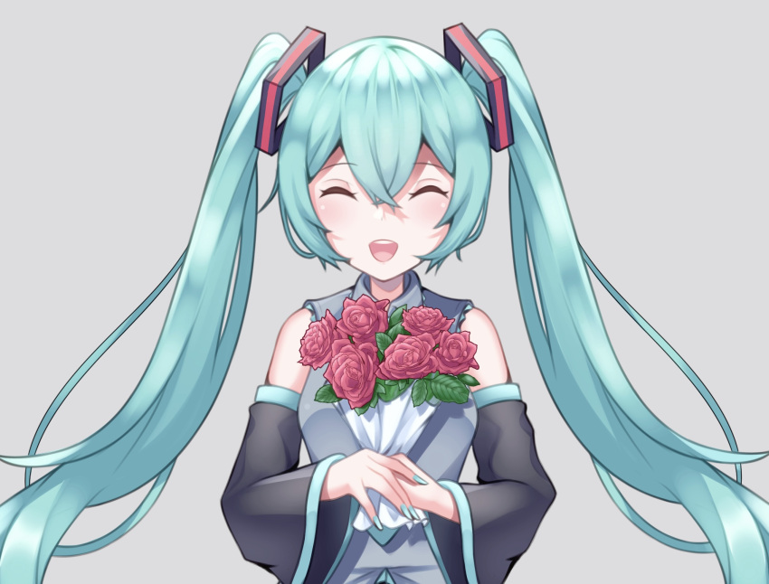1girl blue_hair blush bouquet closed_eyes commentary detached_sleeves fingernails flower hatsune_miku highres holding holding_bouquet holding_flower long_fingernails long_hair long_sleeves nail_polish open_mouth rose shirone_(pixiv_77328927) shirt sleeveless sleeveless_shirt smile solo twintails very_long_hair vocaloid