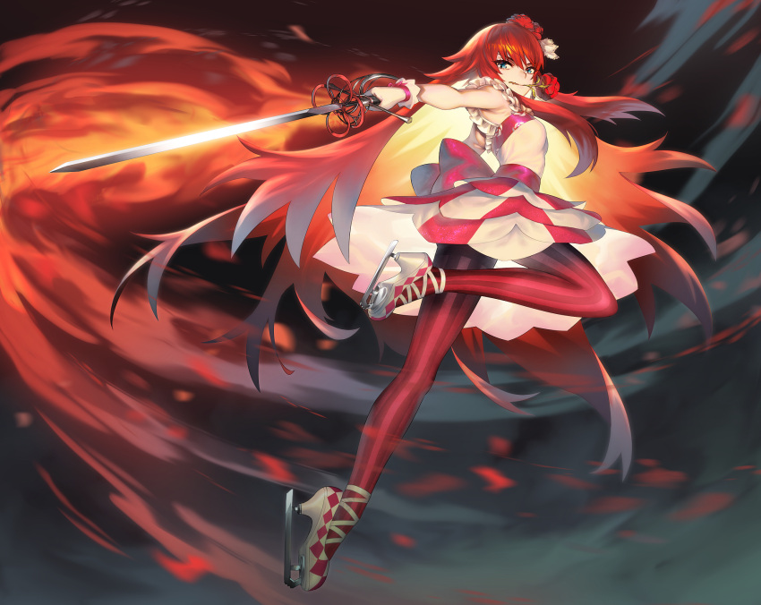1girl blue_eyes commentary_request fire flaming_weapon flower full_body highres holding holding_sword holding_weapon ice_skates long_hair looking_at_viewer mouth_hold murakami_hisashi pantyhose pretty_rhythm pretty_rhythm_rainbow_live pretty_series rapier red_flower red_pantyhose red_rose redhead renjouji_beru rose skates solo standing standing_on_one_leg striped_clothes striped_pantyhose sword two-tone_dress vertical-striped_clothes vertical-striped_pantyhose weapon white_footwear
