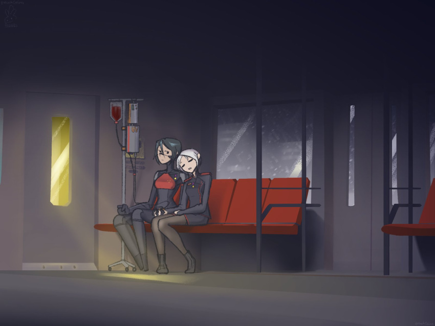 2girls android ariane_yeong black_hair blood blood_bag blue_eyes bob_cut cyberpunk elster_(signalis) good_end head_on_another's_shoulder highres intravenous_drip maskonions multiple_girls science_fiction signalis sitting sleeping sleeping_on_person snowflakes snowing train train_interior white_hair yuri